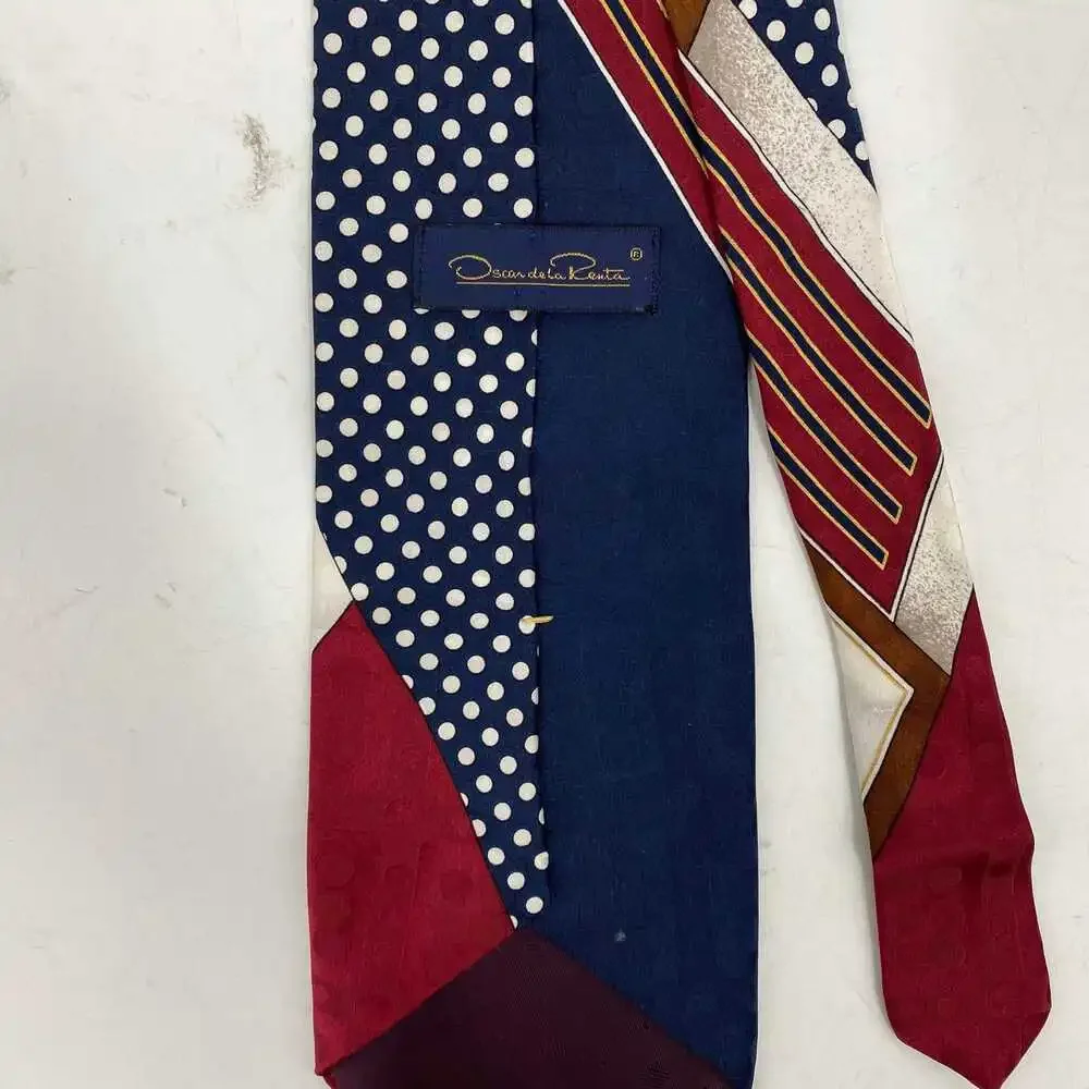Oscar de la Renta Blue Red Striped and Polka Dot Silk Tie | OS Regular